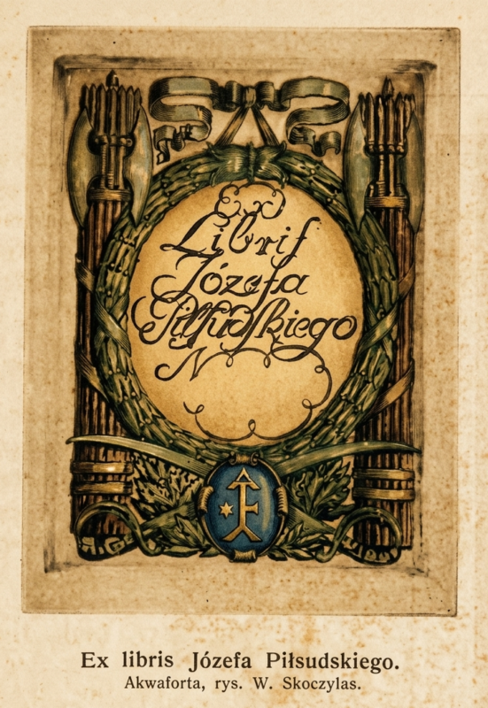 Ex Libris Józefa Piłsudskiego. Akwatinta rys. W. Skoczylas kolor