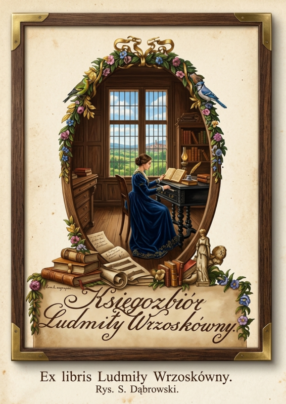 Ex Libris Ludmiły Wrzoskówny. Rys. S. Dąbrowski kolor