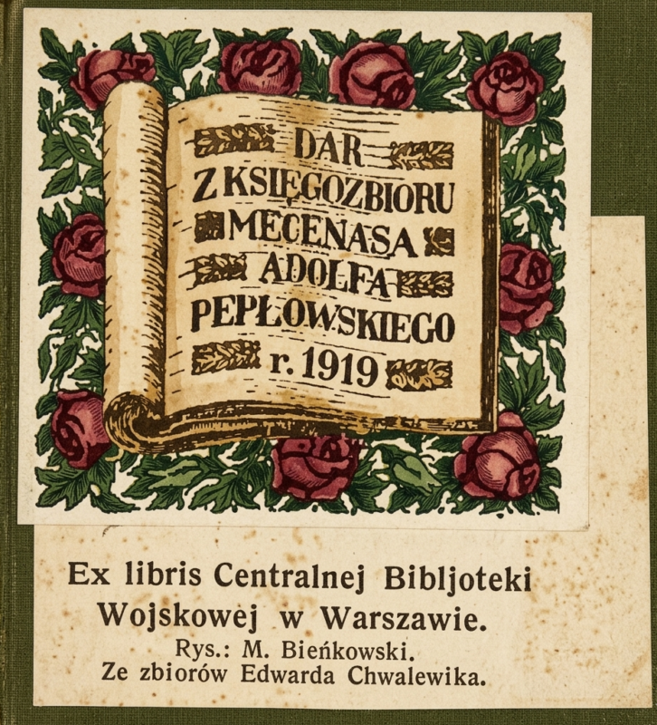 Ex libris Centralnej Biblioteki Wojskowej Warszawa. Rys. M. Bieńkowski. Zbiory Edwarda Chwalewika kolor
