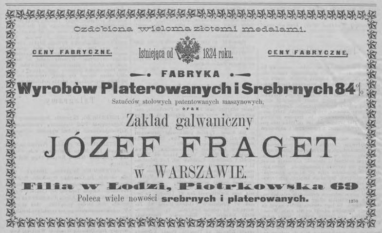 Fabryka Wyrobów Platerowanych i Srebrnych Józef Fraget Rozwój 1898 Nr 296