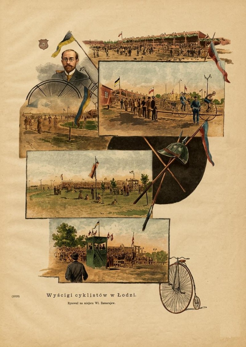 Wyścigi cyklistów w Łodzi. Rysował Wł. Zamarajew. Tygodnik Ilustrowany 1889 Nr 341 koloryzacja