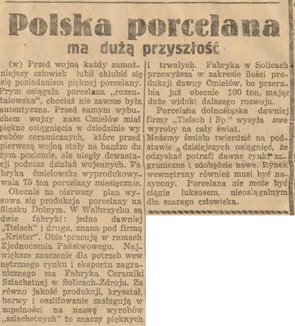 Fabryka Porcelany Ćmielów Kurier Popularny artykuł 1947 nr 285