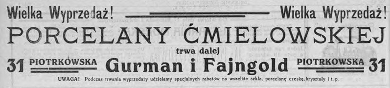 Fabryka Porcelany Ćmielów reklama Dziennik Łódzki 1931 nr 63