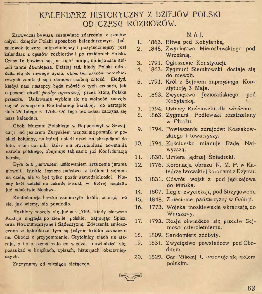 Kalendarz historyczny z dziejów Polski od czasu rozbiorów publikacja 1926